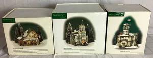 lot 269 image: Dept 56 New England Village Series Deacons Way Chapel, Woodbridge Town Hall and Moggin Falls General Store