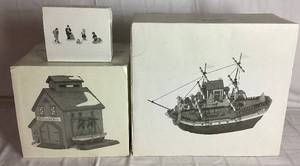 lot 261 image: New England Village Series Retired Dept 56 Pierce Boat Works, The Emily Louise and Seacaptain and His Mates