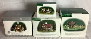 lot 262 image: Dept 56 New England Village Series The Cranberry House, Gathering Cranberries, Its Almost Thanksgiving and Mountain View Cabin