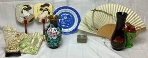lot 77 image: Asian Collection of Vases, Fans, Pitcher, Plate and Carved Village Scene