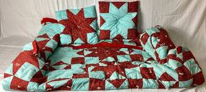 lot 102 image: Vintage Quilt 90 X 94 - Hand Tied and Hand Stitched with 2 Matching Pillows