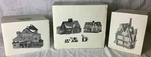 lot 246 image: Dept 56 Retired New England Village Series Yankee Jud Bell Casting, Jannes Mullet Amish Barn and Jacob Adams Farmhouse and Barn