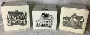 lot 249 image: New England Village Series Retired Dept 56 Berkshire House, Jeremiah Brewster House and Jannes Mullet Amish Farm House