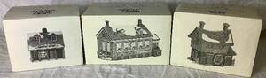 lot 258 image: Dept 56 Retired New England Village Series General Store, Sleepy Hollow and Stoney Brook Town Hall