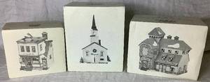 lot 259 image: New England Village Retired Dept 56 Series Steeple Church, Bens Barber Shop and McGrebe Cutters & Sleighs