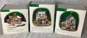 lot 263 image: Dept 56 New England Village Series Revere Silver Works, Wm. Walton Fine Clocks & Pocket Pieces and P.L. Wheelers Bicycle Shop