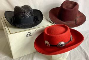 lot 210 image: Vintage Western Hat Collection - Sonni San Francisco Woven Hat (No Size Marked), Fox Western Hat Co. Size 7, Red 100% Wool Felt Hat ( No Size Marked)