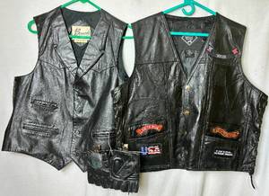 lot 214 image: Bermans Vintage Leather Vest - Size 46, Diamond Plate Buffalo Leather Motorcycle Patch Vest - Size 3X, and Fingerless XL Gloves