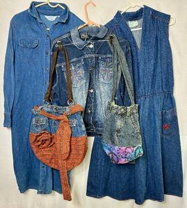 lot 218 image: Vintage Denim Collection - (2) Dresses - Size 16, (2) Handbags, (1) Denim Jacket