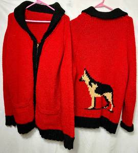 lot 219 image: (2) Vintage Cowichan German Shepherd Hand Knit 100% Wool Zip Up Sweaters