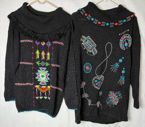 lot 222 image: 2 Victoria Jones Native American Inspired Beaded Cowl-Neck Sweaters Size L (one with tag still attached)