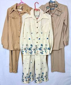 lot 231 image: Set of 3 Womens 70s EmbroideredEmbellished Polyester Pantsuits