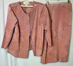 lot 236 image: Pink 2Pc CBO New York Leather Suede Patchwork Set, Long-sleeve Button Up Top - Size 2X, and Skirt - Size 1X