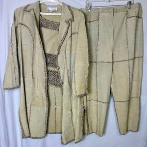 lot 238 image: Tan 3Pc CBO New York Leather Suede Patchwork Pantsuit Set - Size 1X