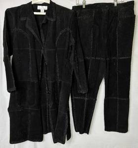 lot 239 image: Black 2Pc CBO New York Leather Suede Patchwork Long-sleeve Button Up Top and Pants Set - Size 1X
