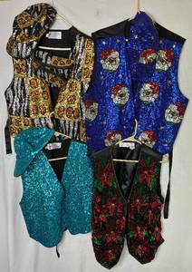 lot 244 image: Vintage Scala Poinsettia Vest - Size 1X, (3) JC Sequined Vests - Sizes XL and XXL with Matching Hats and animal Animal Print Fanny Pack