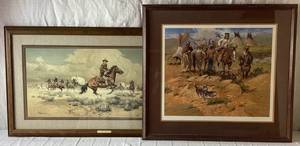 lot 35 image: Western Art - Under Attack by Frank C. McCarthy and Fair Trade by unknown