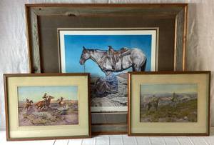 lot 36 image: Vintage Cowboy Art - Toll Collectors 19.5 x 15.5 and Loops and Swift Horses are Surer Than Lead 19.5 x 15.5 by Charles Marion Russell and Old Leather Denim and Dreams by R. Padre Johnson 36.5 x 30.5