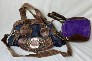 lot 150 image: Guess Denim CrossbodyHandbag and Purple Suede Empress Crossbody Purse
