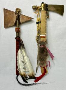 lot 367 image: Native America TomahawkHatchet with Wrapped Leather Handle and Feathers and Brass Hatchet with Leather, Fur and Feathers