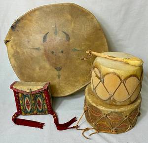lot 366 image: Collection of Vintage Native American Drums and One Parfleche Medicine Bag