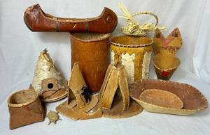 lot 369 image: Collection of Handmade Birch Bark Items - Baskets, Canoe, Teepee and Trays