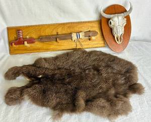 lot 370 image: Mounted Peace Pipe,  Mounted Skull and Small Buffalo Hide