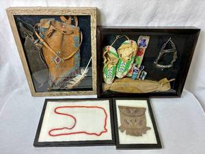 lot 371 image: Framed Native American Artifacts - Leather Purse, Trade Beads, Leather Medicine Bag, Beaded Knife Sheath and more