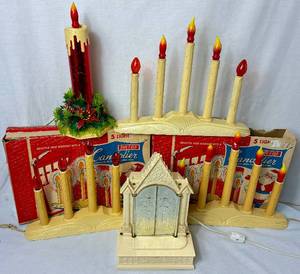 lot 378 image: Vintage Safe-T-Glo 5 Light Candolier Light Sets, Hard Plastic Light Up Candle and Raylite Electric Corp. Illuminated Musical Christmas Church