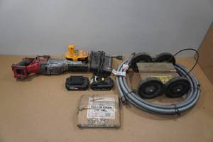 lot 116 image: Assorted Hardware - Power Tool Batteries, Dolly, Roller Chain