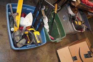 lot 149 image: Assorted Hardware - Hammer, Work Lights, Caulk Gun, Tool Bag, Shovel
