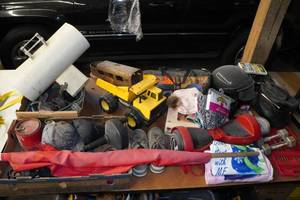 lot 150 image: Assorted Housewares - Weights, Hoverboard, Tractor, Tent, Leggings