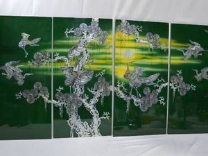 lot 34 image: Vintage Set of Four-Panel Green Lacquer Artwork