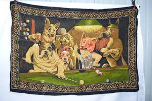lot 44 image: Vintage Wall Tapestry of Dogs Playing Pool 1970s