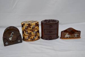 lot 93 image: Lot of Wooden Vietnamese Coaster Set and Jewelry Boxes