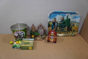 lot 116 image: Assorted John Deere Collectibles - Metal Bucket, Tray, Picture Frame
