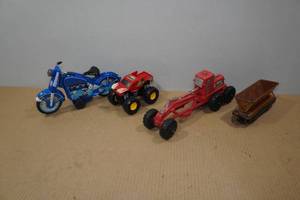 lot 187 image: Assorted Toy Vehicles - Tin Harley, Rubber Grader, Train Car