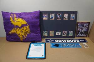 lot 244 image: Assorted Sports Memorabilia - Pillow, Cards, Street Signs