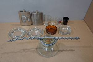 lot 253 image: Ashtrays, Flasks, Shot Glasses, Antique Glass Insulator
