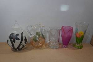 lot 256 image: Assorted Pitchers and Vases - Pink Blown Glass, Schwans Etched