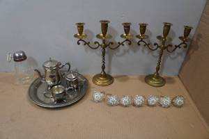 lot 257 image: Metal Serving and Dcor - Candle Holders, Napkin Rings, Tea Set