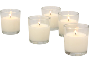 lot 353 image: Stonebriar 48 Pack Unscented Long Burning Clear Glass Ivory Wax Filled Votive Candles