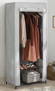 lot 359 image: 30 Double Rod Fabric Covered Wardrobe - Brightroom Closet Organizer, Shoe Storage, Steel Frame, 2 Shelves, Gray