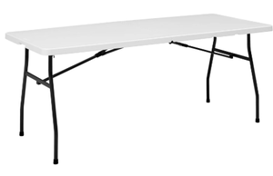 lot 446 image: Mainstays White 6 Foot Fold-in-Half Plastic Table, Indoor Outdoor, Scratch Resistant, Stain & UV Damage, Built-in Carry Handle