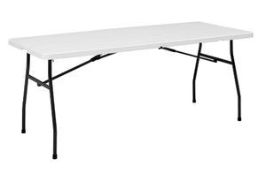 lot 447 image: Mainstays White 6 Foot Fold-in-Half Plastic Table, Indoor Outdoor, Scratch Resistant, Stain & UV Damage, Built-in Carry Handle