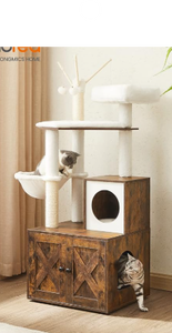 lot 459 image: Feandrea Cat Tree with Litter Box Enclosure, 2-in-1 Modern Cat Tower, 55.1-Inch Cat Condo with Scratching Posts, Removable Pompom Sticks