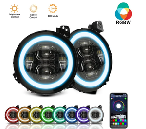 lot 473 image: 9 RGB-W Halo LED Headlights for 2018-2025 Jeep Wrangler JL 4xe & JT Gladiator (2pcsset)