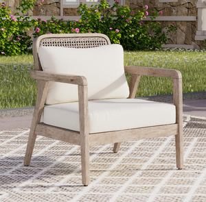lot 36 image: Roomfitters Outdoor Acacia Wood Patio Club Chair with Cushions