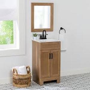 lot 43 image: Glacier Bay Lyton 25 in. Single Sink Sand Bath Vanity with White Cultured Marble Top (Assembled) Customer Returns See Pictures
