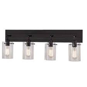 lot 59 image: Hampton Bay Regan 29.13 in. 4-Light Espresso Bronze Vanity Light with Clear Glass Shades  Customer Returns See Pictures